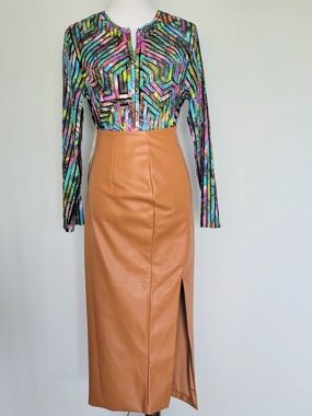 NWT MESHKI Tan Faux Leather High Waisted Midi Skirt with Side Slit Size Small